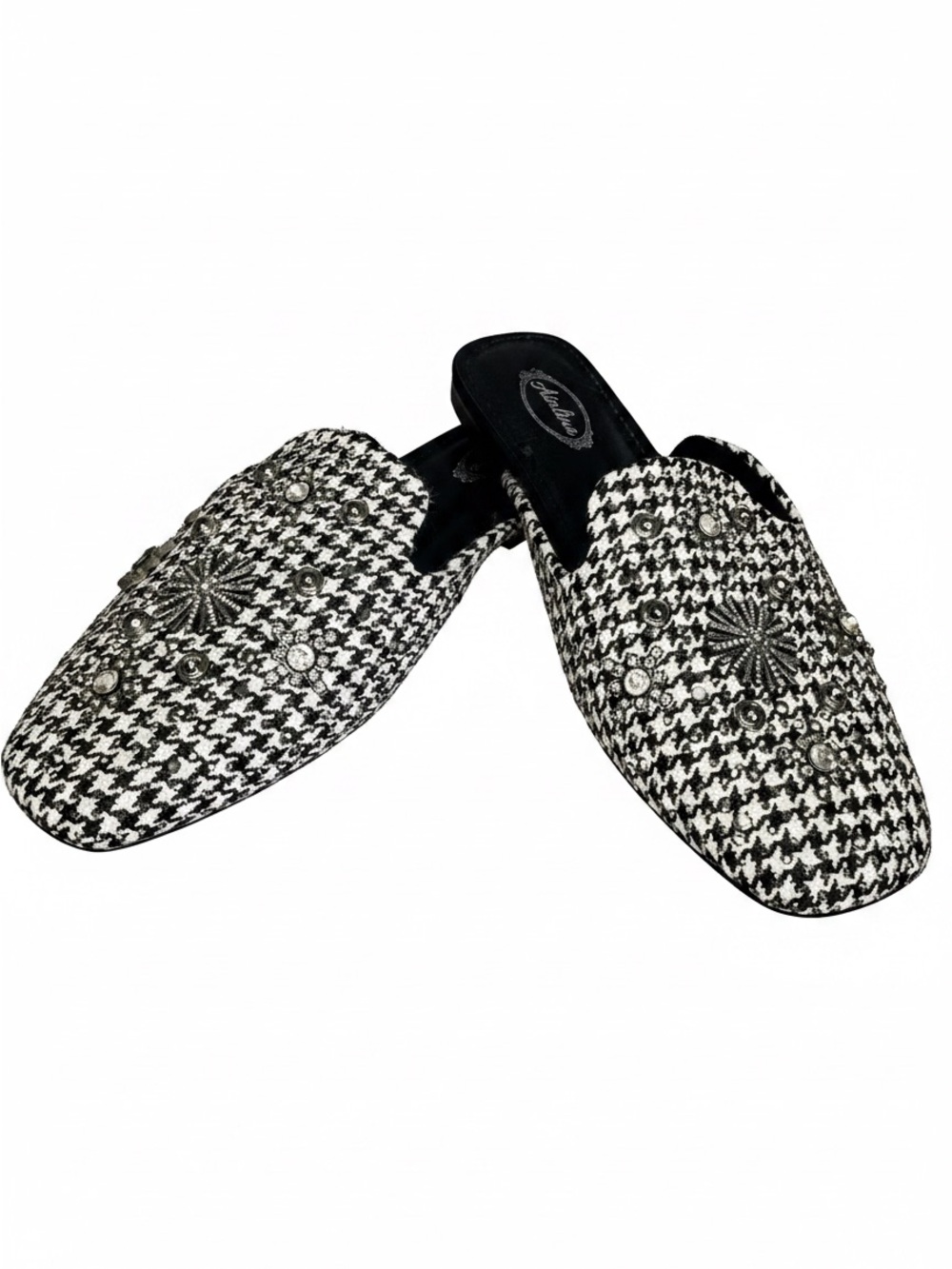 Embellished Black & White Houndstooth Slip-On Mules